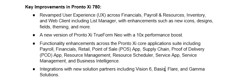 Pronto Xi 780 - Key Improvements