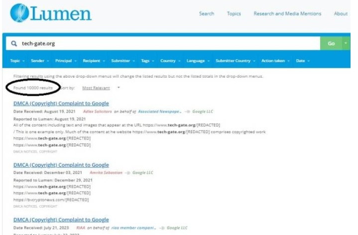 Lumen Database - Tech-Gate.org 1000 + DCMA copyright takedowns