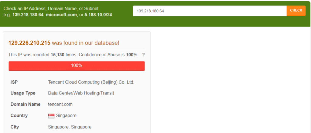 abuseipdb.com reporting database DDoS attacks Singapore - BOTS