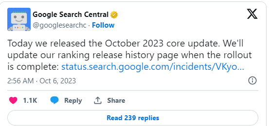 Google Search Central Update On Twitter - October 2023 core Update Statement
