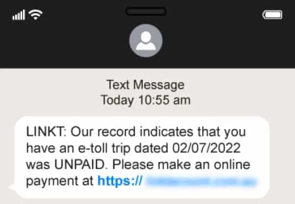 Toll road scams sms text message Linkt,
